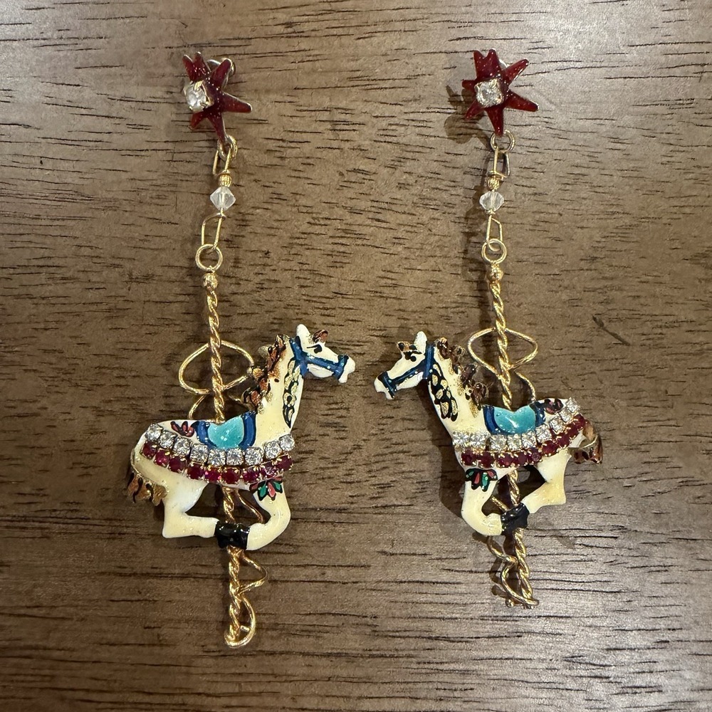 Vintage 80s Lunch At The Ritz LATR Carousel Horse Merry Go Round Post Earrings